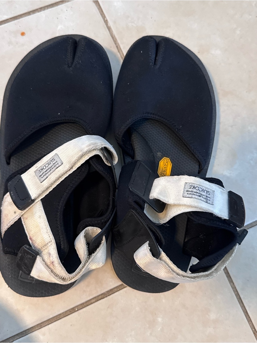 Suicoke Tabi Black Sandals with White Straps